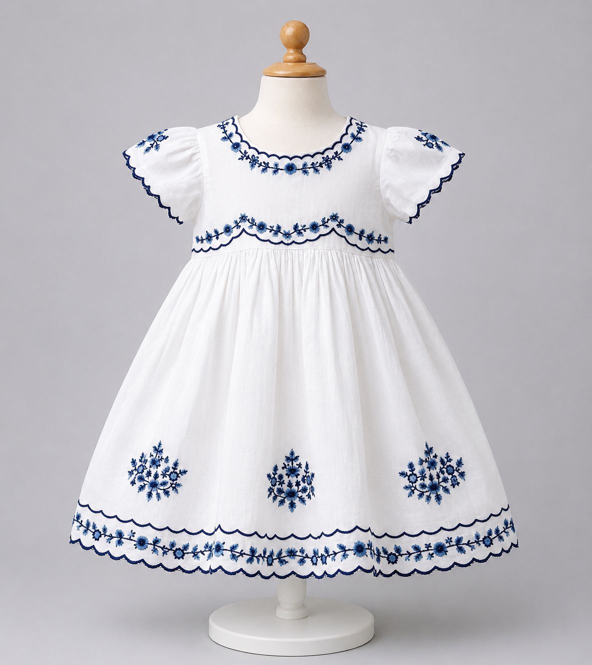 💙  White Embroidered Cotton Dress (Elegant Blue Floral Design)
