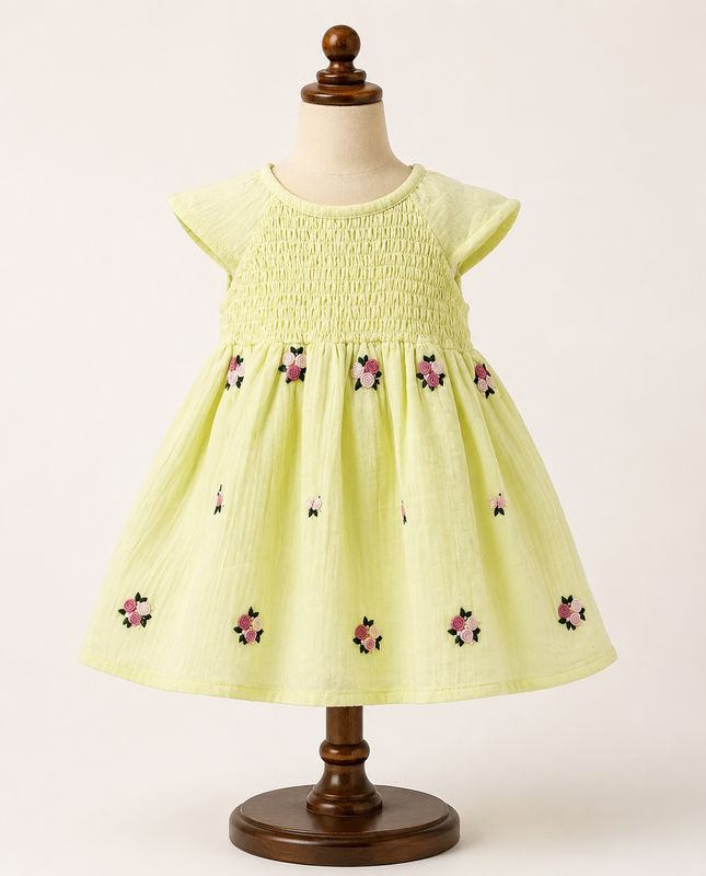 Lemon Yellow Cotton Embroidered Frock