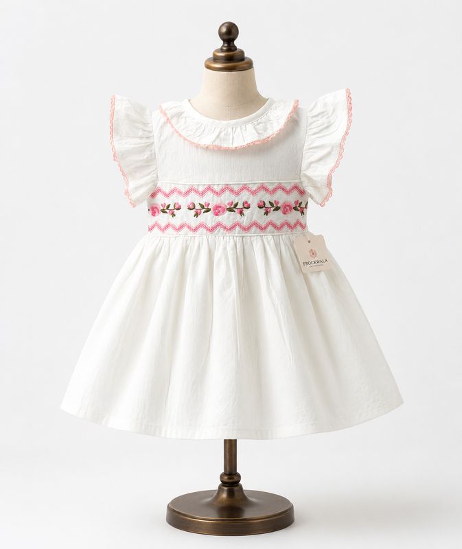 Premium White Cotton Embroidered Frock