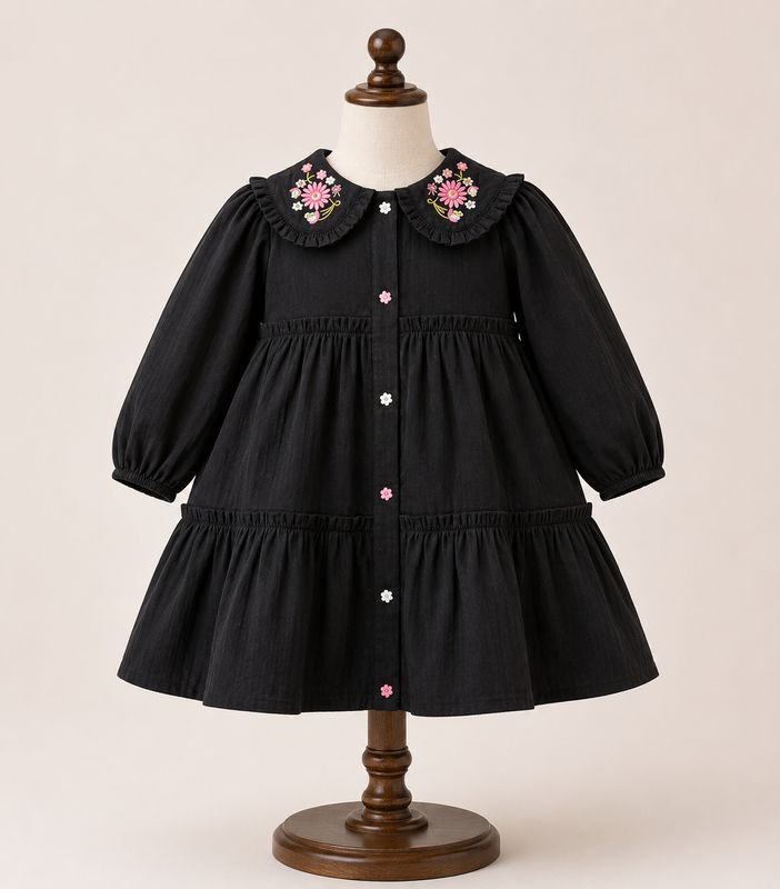 Black Cotton Embroidered Frock