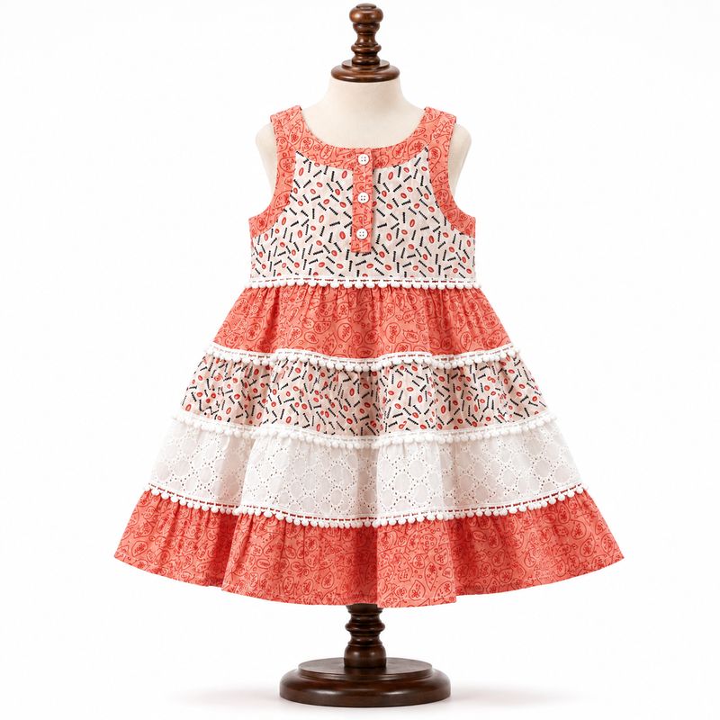 🌸 Frockwala Coral &amp; White Tiered Cotton Frock for Girls