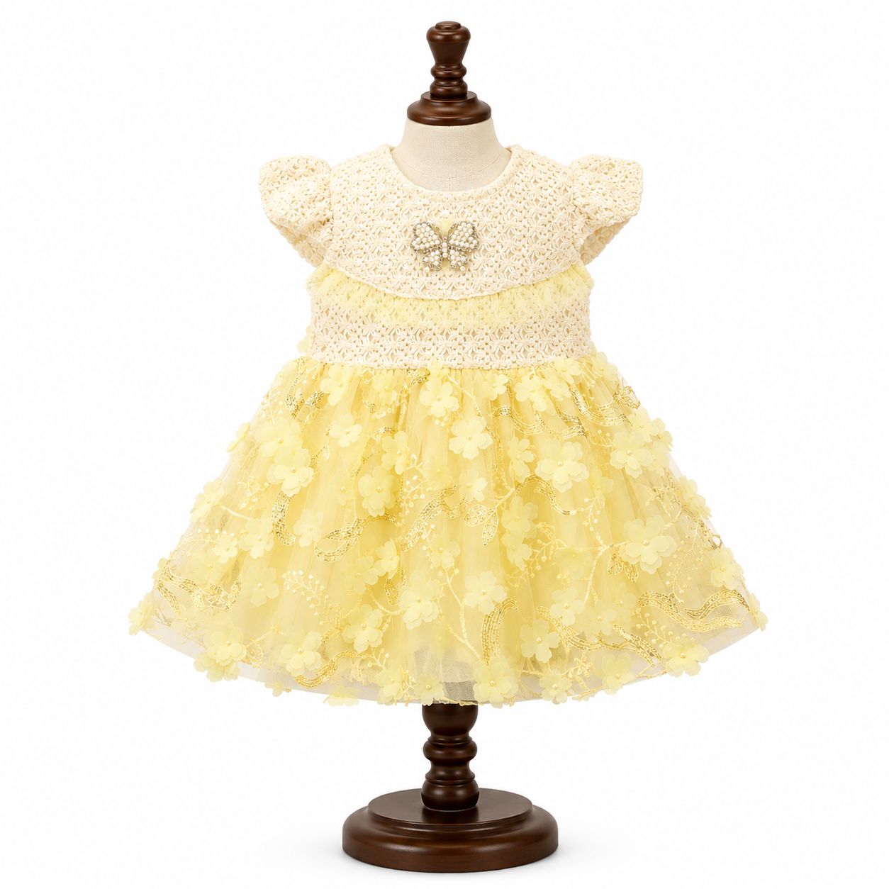 Yellow Floral  Net Party Dress for Baby Girls