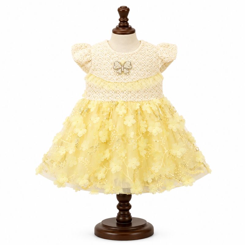 Yellow Floral  Net Party Dress for Baby Girls