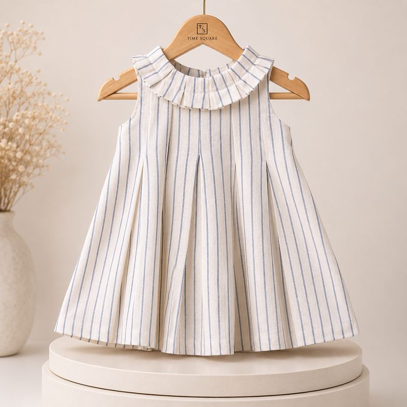 Premium White &amp; Blue Striped lilen Cotton Frock for Girls