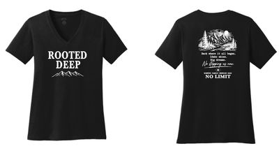 Rooted Deep Black Ladies V Neck P &amp; C Tee