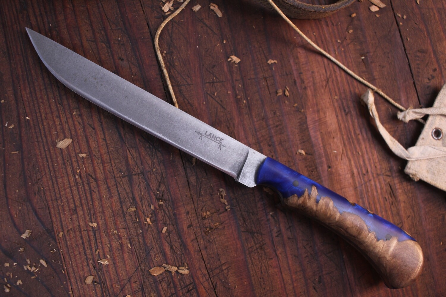 Lance Knives Slicer 5.5" Fixed Blade Knife / Maple Burl &amp; Blue Epoxy / Stonewash AEB-L