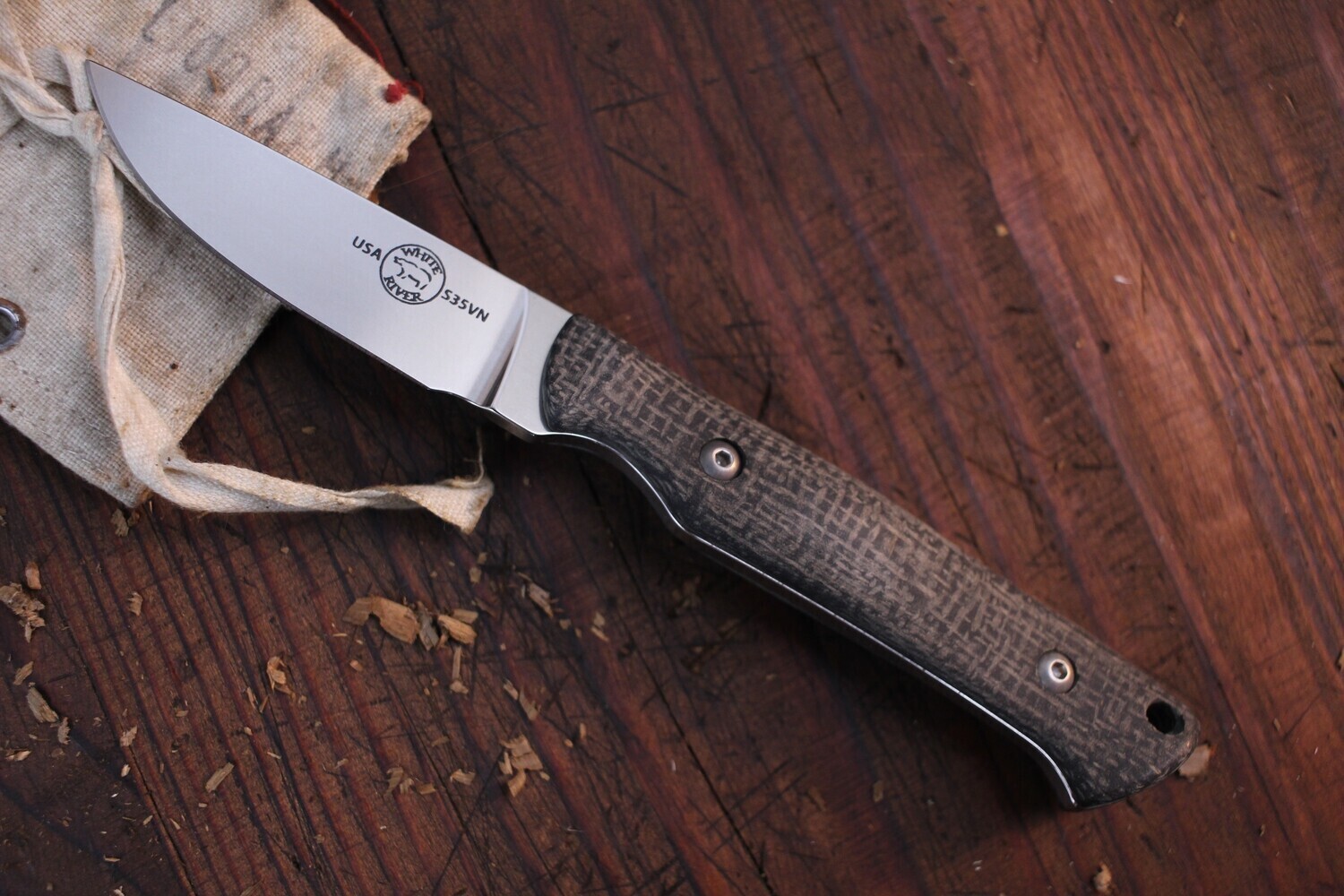 White River Knives Small Game 2.62" Fixed Blade / Black Burlap Micarta / Polished CPM-S35VN / Leather Sheath