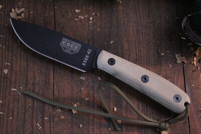 ESEE Knives Model 4 4.5&quot; Fixed Blade Knife / Tan Canvas Micarta / Black Coated 1095