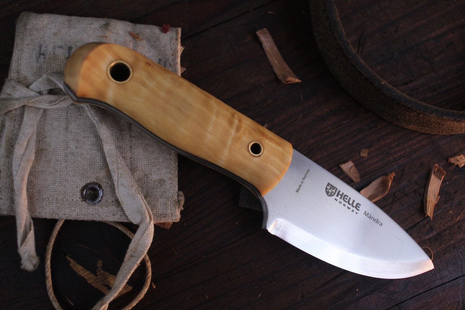 Helle Mandra 2.5" Fixed Blade / Curly Birch / Polished Triple Laminated Stainless