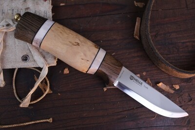 Helle Trofe 4" Fixed Blade / Oak, Staghorn & Curly Birch / Mirror Polish Triple Laminated Stainless