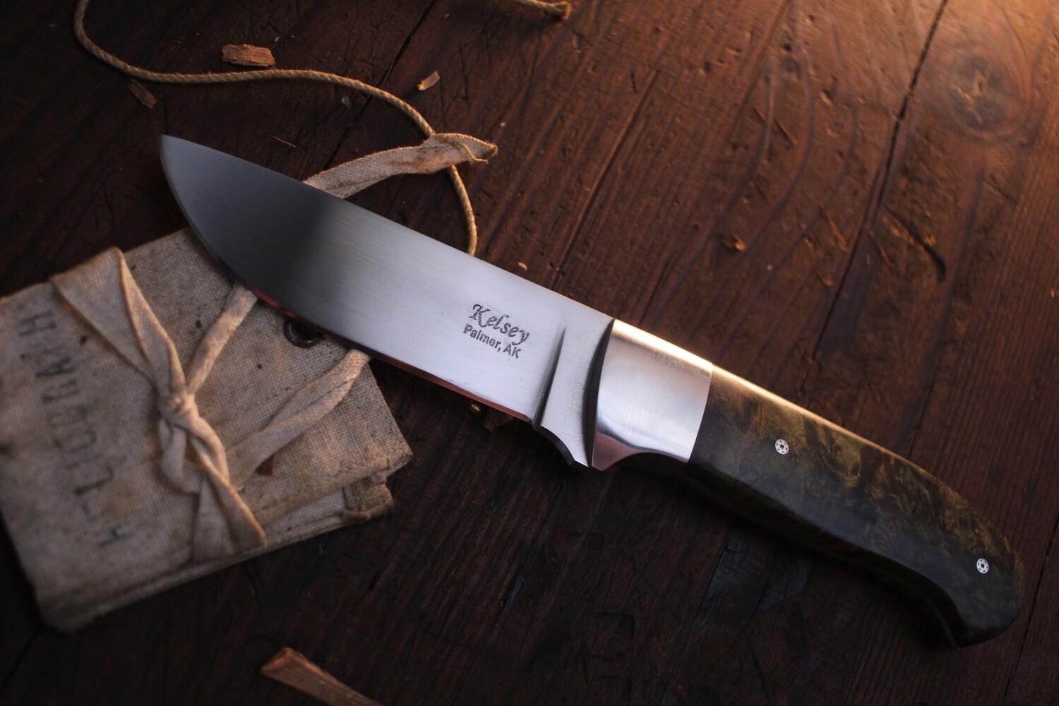 Nate Kelsey 3.75&quot; Drop Point  / Green Dyed Maple Burl / Satin Stainless Steel