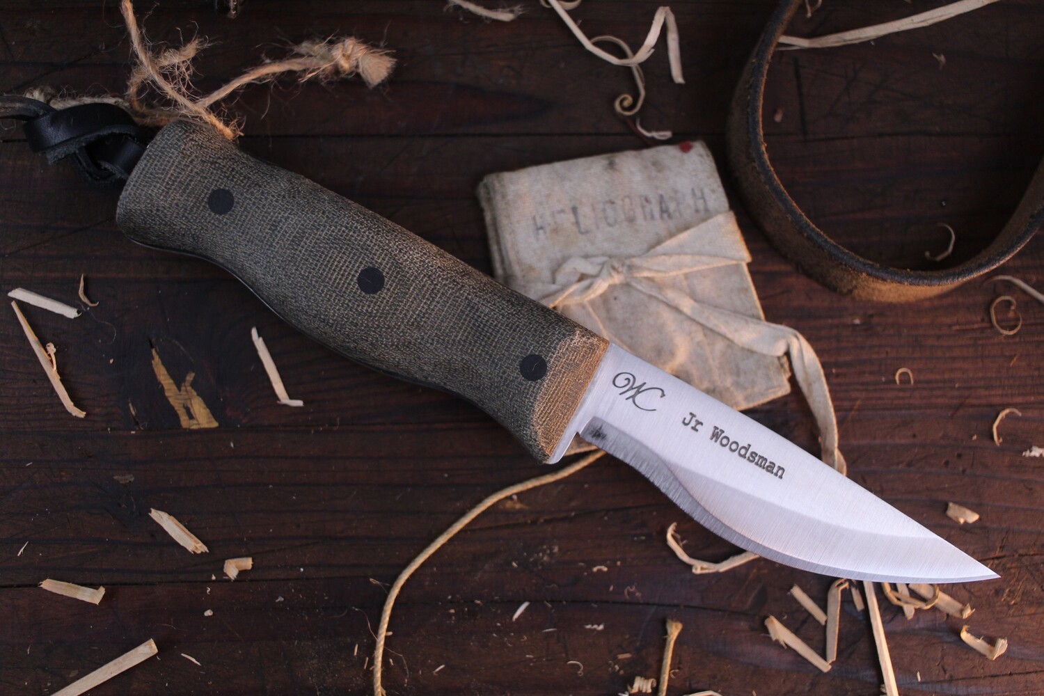 William Collins Jr. Woodsman 4.25&quot; Fixed Blade / Green Micarta &amp; Black Liners / Satin Nitro V