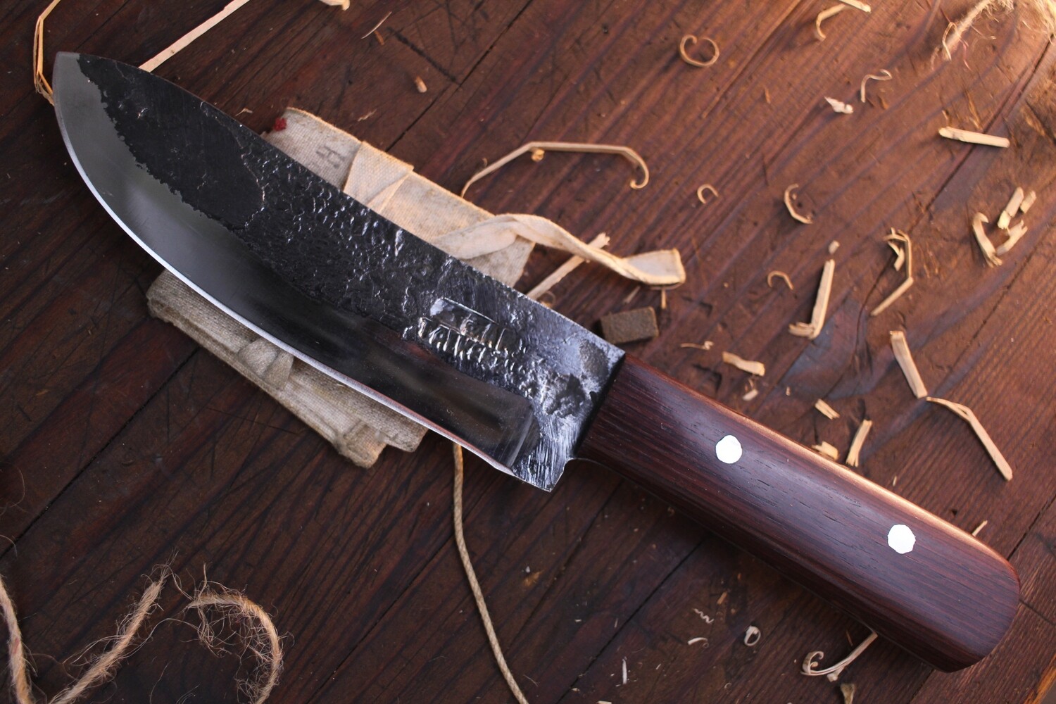 Jeff Owens Custom 5.75" Drop Point Hunter / Rosewood / Forge Finish 5160