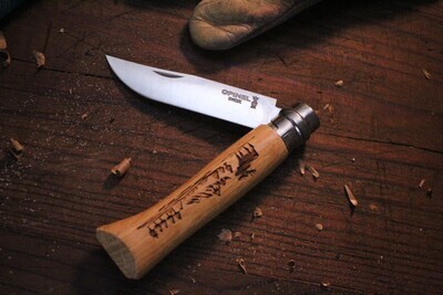 Opinel No. 8 4" Folder / Beechwood & Trout Engraving / Stainless 12C27M