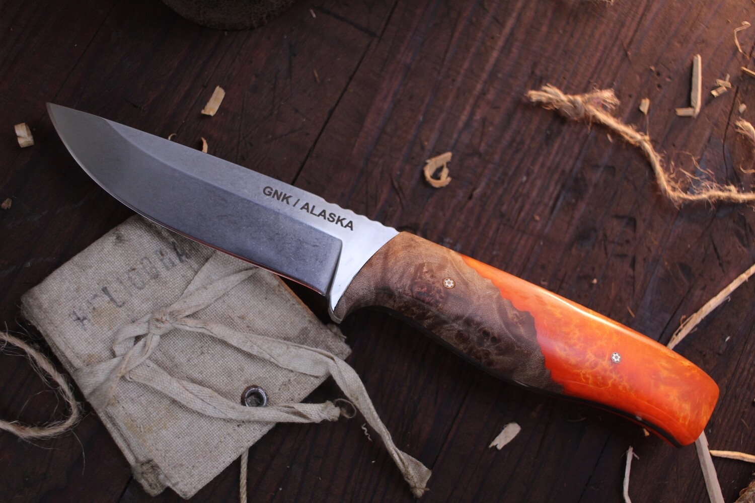 3DK GNK Exclusive MAK 4” Fixed Drop Point / Maple &amp; Orange Epoxy / Stonewashed M390