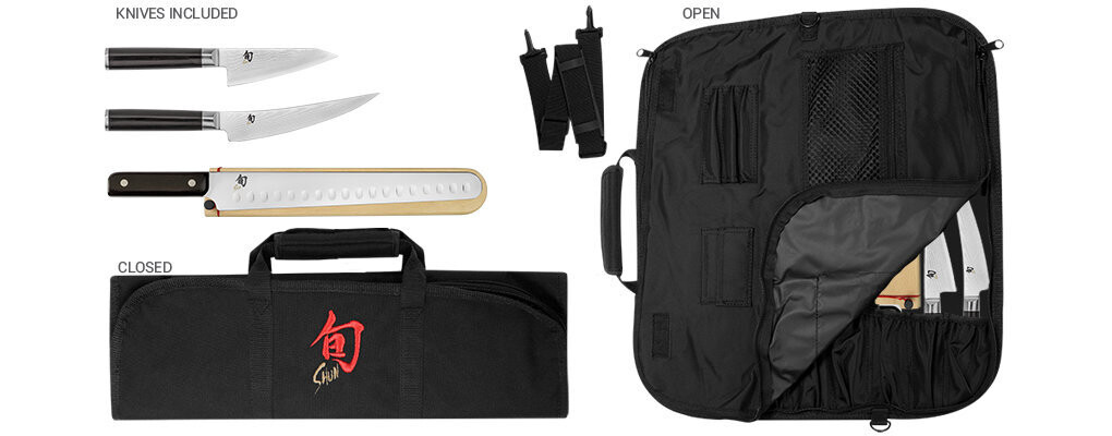 Shun Classic 4 Peice BBQ Set With Knife Roll / Black Pakkawood / Damascus VG-MAX Shun Classic 4 Peice BBQ Set With Knife Roll / Black Pakkawood / Damascus VG-MAX