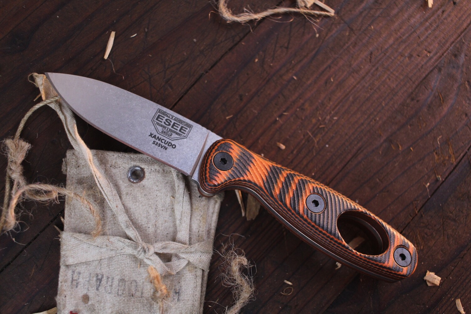 ESEE Xancudo 3&quot; Fixed Blade With Carabiner Hole / Orange &amp; Black G10 / Stonewash S35VN