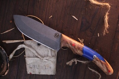 Semper Sharp The Scout  4" Survival Knife / Maple Burl & Blue Epoxy / Stonewash Nitro V