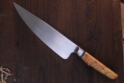DRECK Metal Golden Boy 8" Chef Knife / Box Elder Burl / Forged Satin 52100 Steel