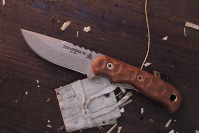 TOPS Knives Tex Creek 69 4.19" Fixed Blade / Scultped Tan Micarta Handles / Tan 1095