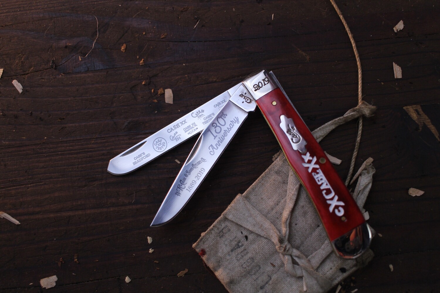 Case XX 130th Anniversary Trapper 4.125" Closed Slipjoint Folder / Red Bone & White Infilled Engraving / Polished Tru-Sharp