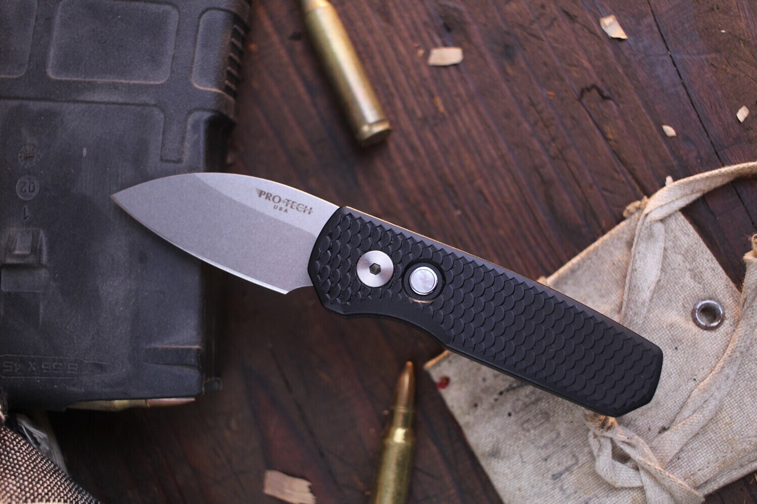 Pro-Tech Limited Edition Runt 5 1.94” Wharncliffe Auto Buttonlock Folder / Black Fish Scaled Aluminum / Stonewashed CPM-20CV