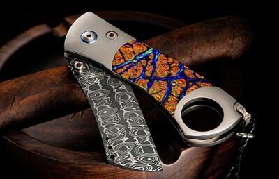 William Henry Dichro 2.75" Folding Cigar Cutter / Dichroic Glass & Titanium With Ruby Stud / "Intrepid" Damascus
