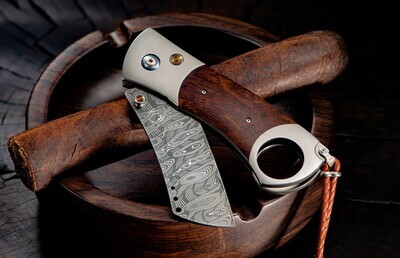 William Henry Havana 2.75&quot; Folding Cigar Cutter / Titanium With Ironwood Inlay &amp; Citrine / &quot;Hornets Nest&quot; Damascus