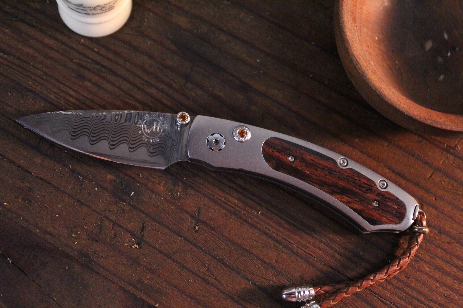 William Henry Kestrel B09 Shiprock 2.13&quot;  Citrine Studded Button Lock Folder / Titanium &amp; Cocobolo / ZDP-189 Wave Damascus