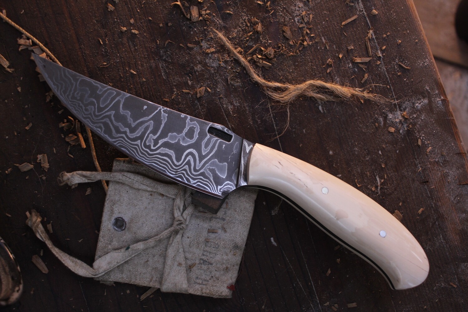 Lance Knives & Mark Couch 5" Trailing Point Hunter / Mammoth Ivory / Alaskan Forged Damascus