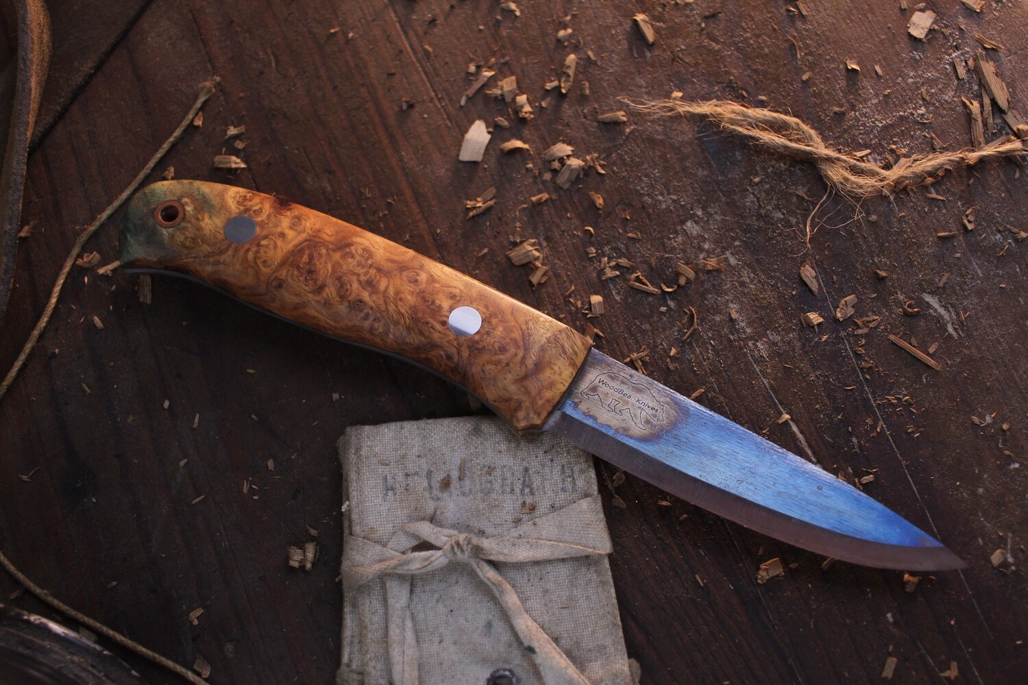 Wood Bear Knives Nordlander 4” Scandi / Maple Burl  / Blued O1