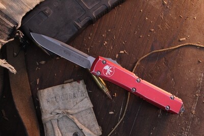 Microtech Ultratech S/E 3.4” OTF Auto / Distressed Red Aluminum / Stonewashed
