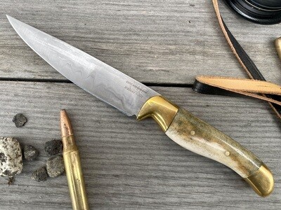 ABE Knives 4.25” drop Point utility/ caribou bone With Brass Bolster / San mai L6/ mild steel