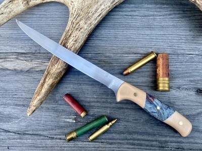 Isley Blades Fillets Knife / Dyed Maple Burl And Antique Micarta / Satin 14c28n