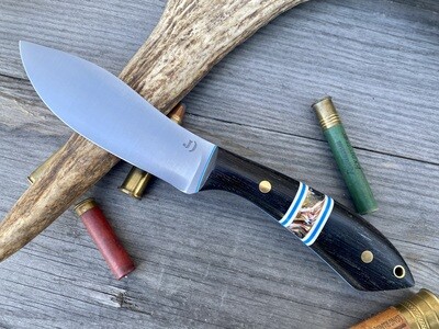 JD Custom Knives 4.5" Pike Muk Fixed Blade / Wenge Wood w/ White and Blue G10 Liners, Swirl Resin Layer / Satin AEB-L