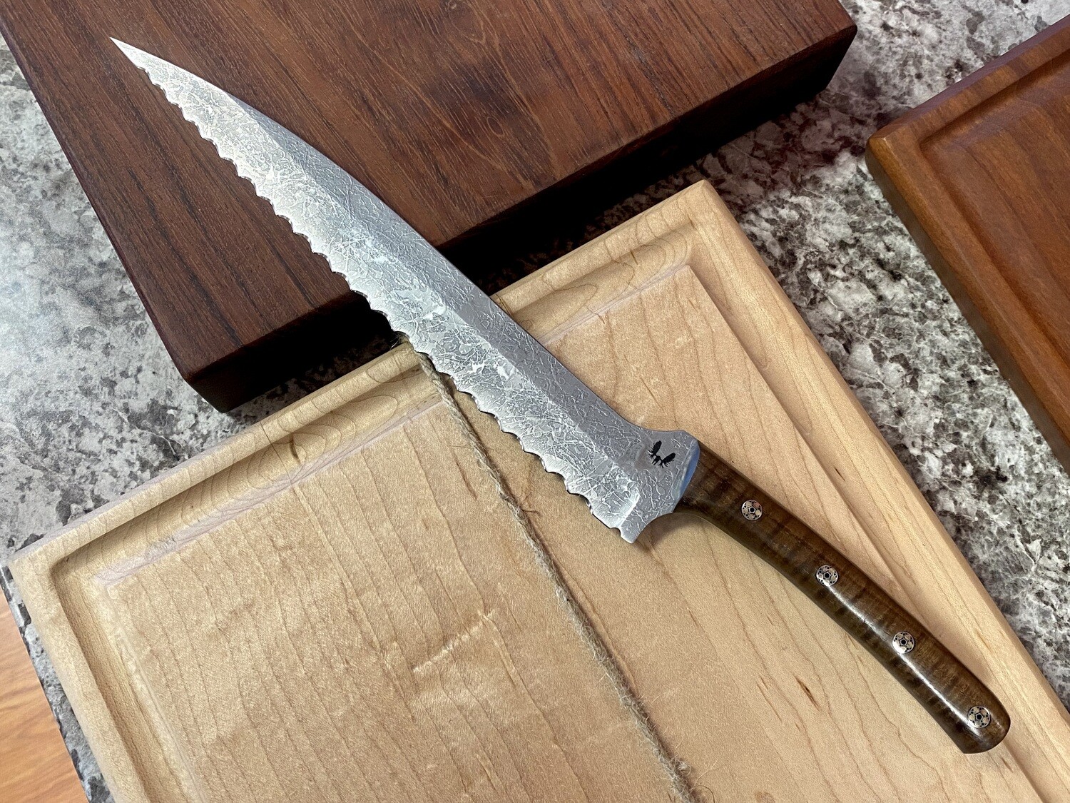 Semper Sharp 10" Bread Knife / Hawaiian Koa w/ Black Liners / 4 Mosaic Pins / Satin Splashed Nitro-V