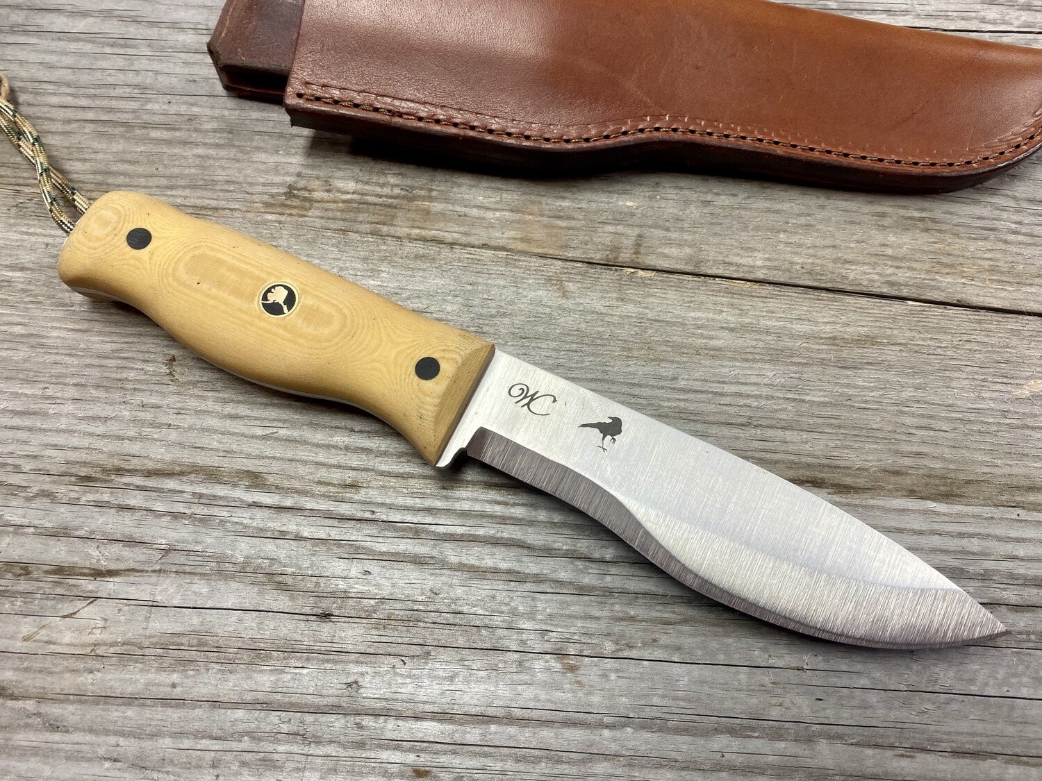 William Collins Black Bird 5.5" Fixed Blade / Natural Linen Micarta / Black G10 Pins, Black AK Mosaic / Satin 3V