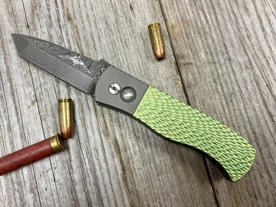 Pro-Tech Emerson Custom 2024 SHOT Auto Folder / Titanium, Textured Green w/ Blasted Bolsters / Nichols Damascus Tanto #14 of 30