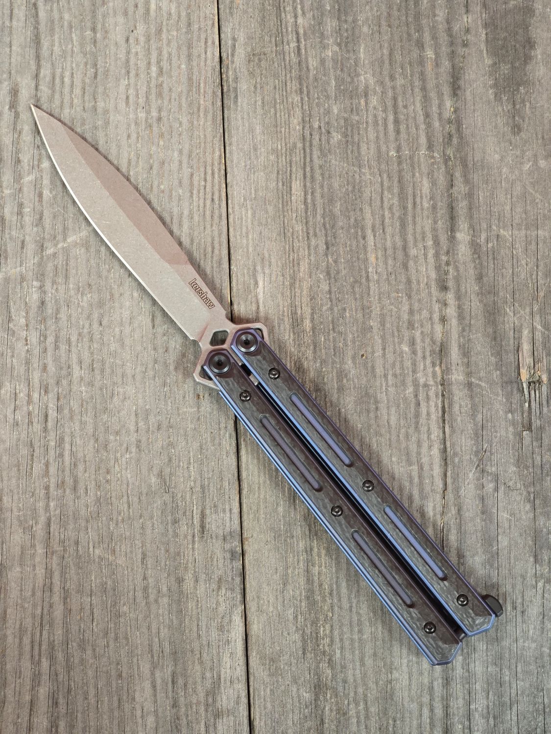 Kershaw Lucha 4.7&quot; Butterfly Knife / Blue Anodized Titanium and Carbon Fiber / Stonewash CPM 20CV