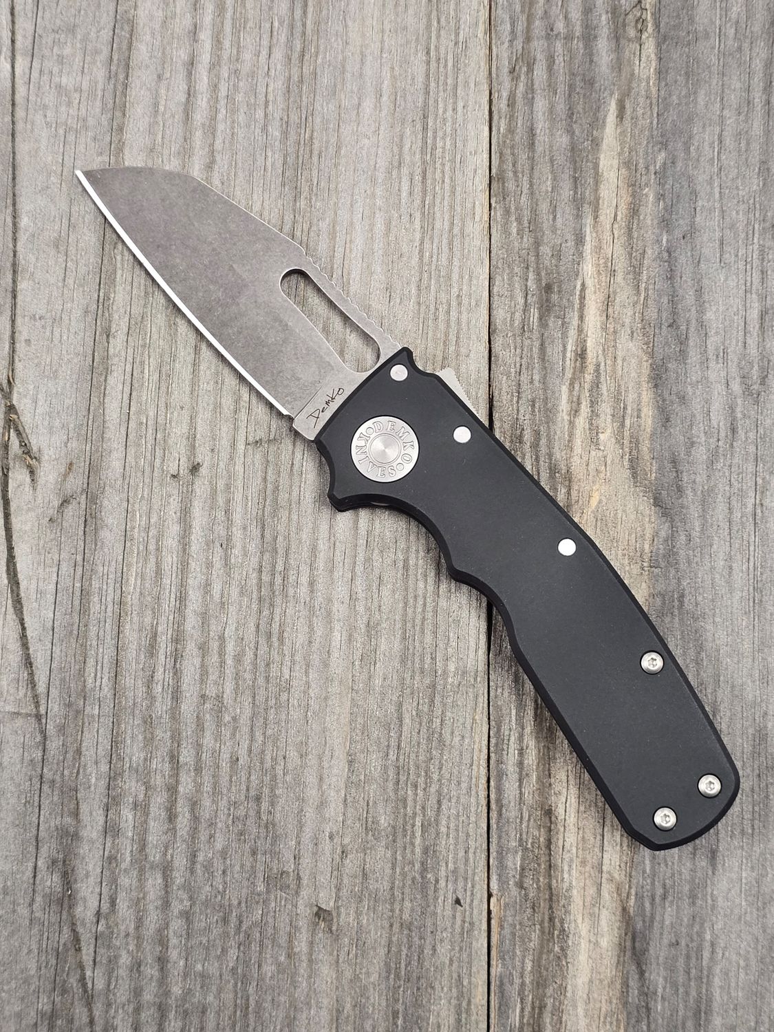 Demko Knives AD 20.5 3&quot; Shark Lock Folder / Black Aluminum / Wharncliffe Stonewash 20CV