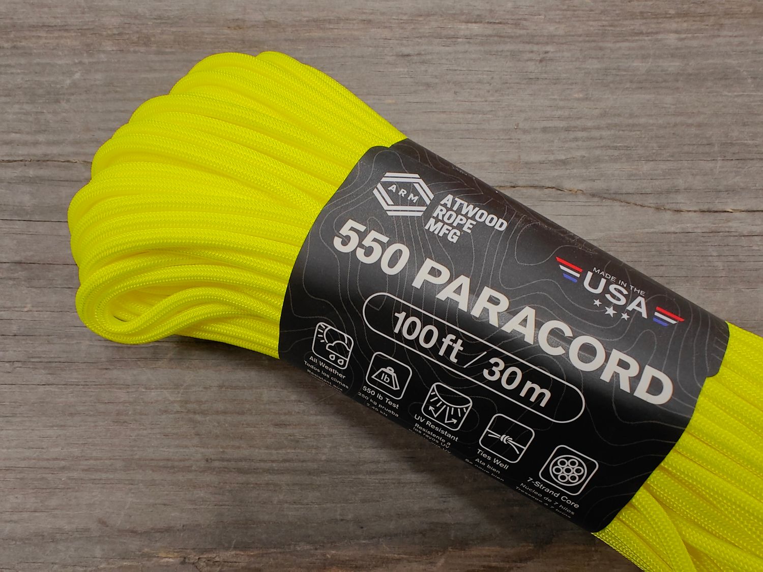 Atwood 550 Paracord / 100 feet / Neon Yellow