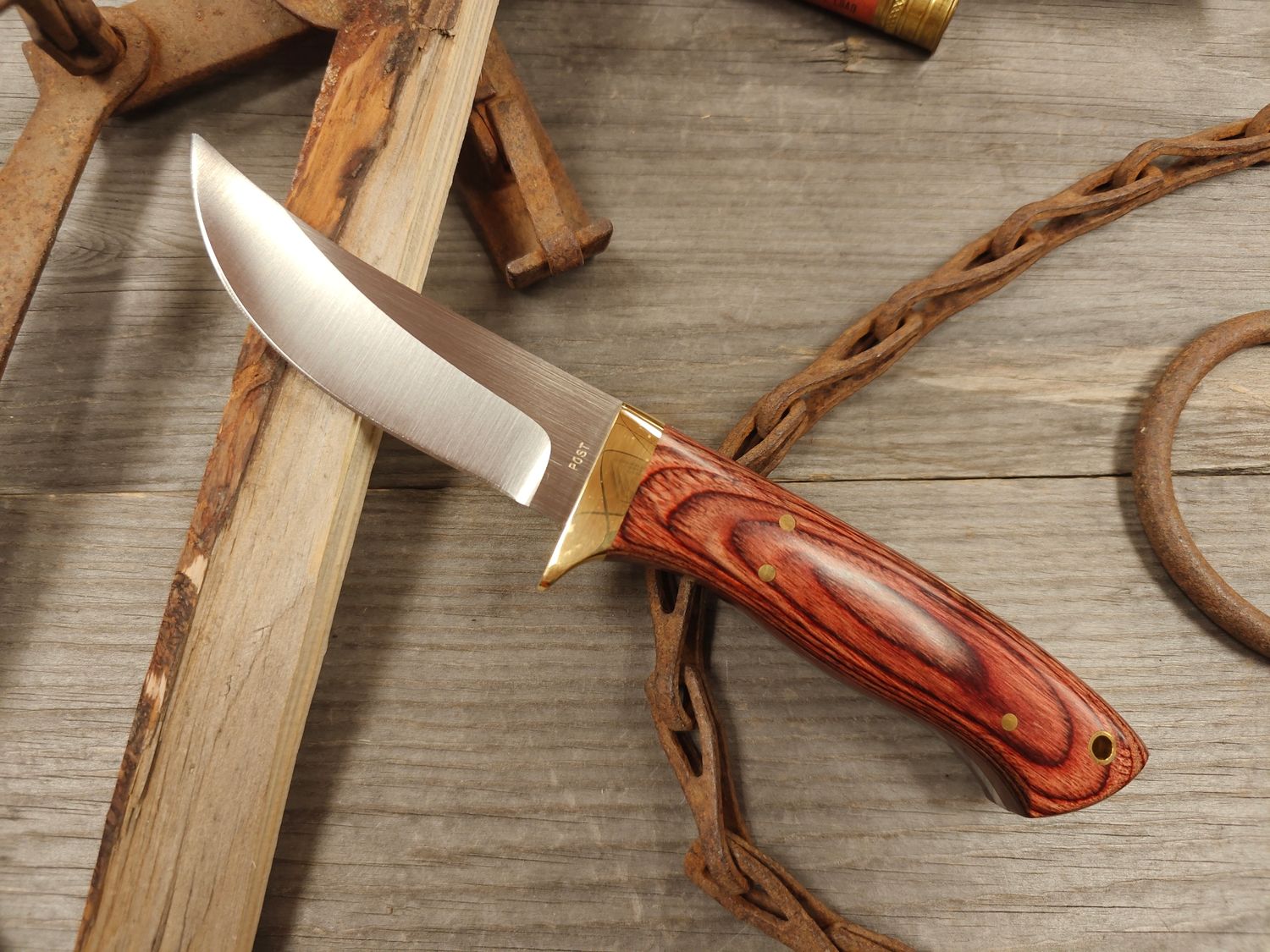 Ron Post Knives Model 220G 4&quot; Trailing Point / Assorted Dymondwood w/ Brass Guard / Satin CPM-154