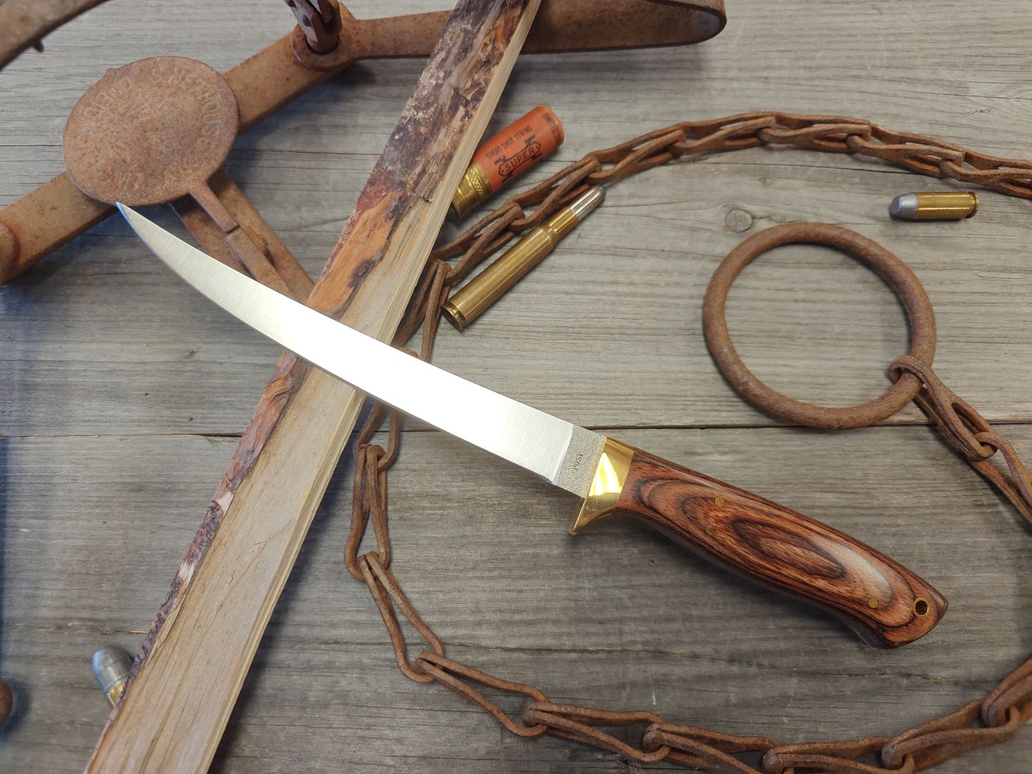 Ron Post Knives 7 " Fillet Knife / Multicolored Diamond Wood with Brass Bolster / Satin 154cm