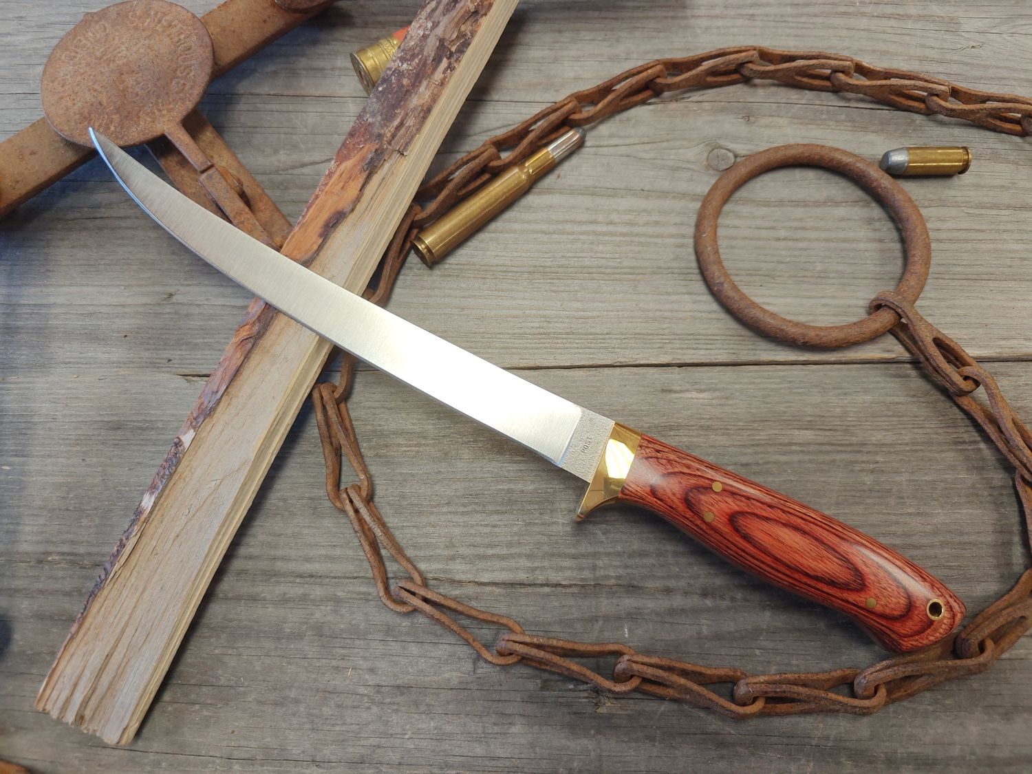 Ron Post Knives Fillet 8 in. / Multicolored Diamond Wood And Brass Guard / Satin 154cm
