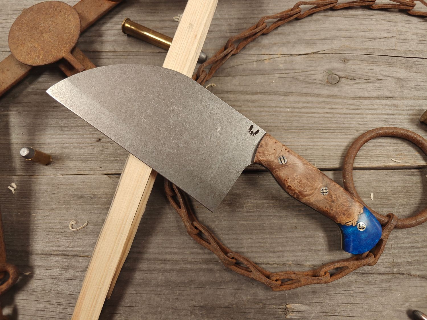 Semper Sharp Serbian 6" Chef Knife / Maple Burl w/ Blue Resin, Black Liners / Satin Splashed Nitro-V