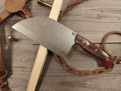 Semper Sharp Serbian 6&quot; Chef Knife / Curly Hawaiian Koa w/ Merlot Resin, Black Liners / Satin Splashed Nitro-V