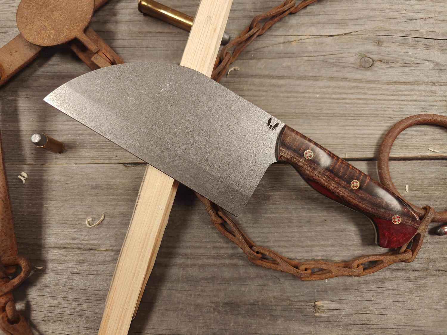 Semper Sharp Serbian 6" Chef Knife / Curly Hawaiian Koa w/ Merlot Resin, Black Liners / Satin Splashed Nitro-V