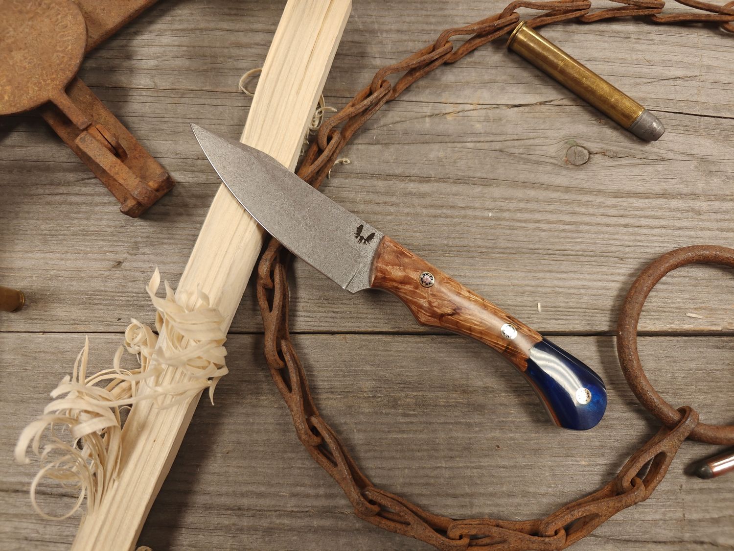 Semper Sharp Field Day 3.75&quot; Knife / Maple Burl w/ Blue Resin, Natural Micarta Liners / Satin Splashed Nitro-V