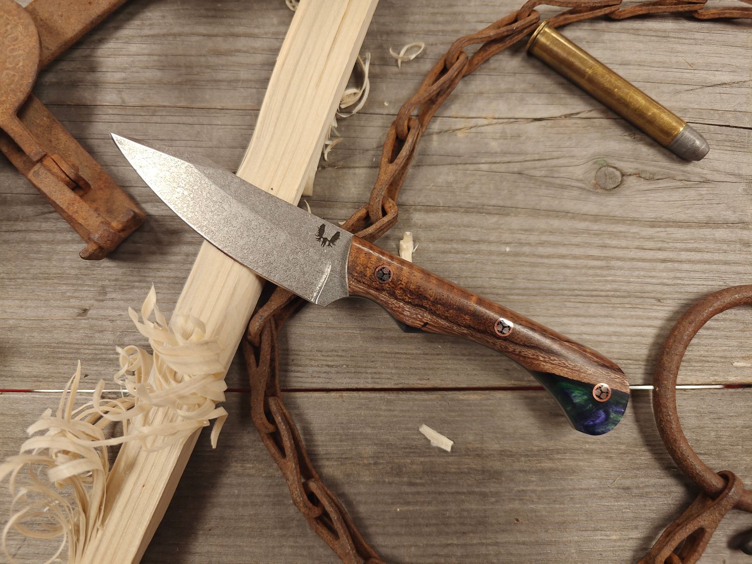 Semper Sharp Field Day 3.75&quot; Knife / Curly Hawaiian Koa w/ Northern Lights Resin, Green Liners / Satin Splashed Nitro-V