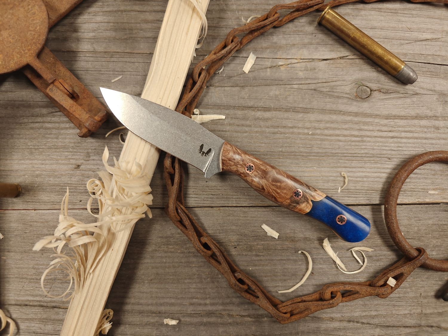 Semper Sharp Spend Your Time Wisely 3.5" Fixed Blade / Maple Burl w/ Blue Resin, Micarta Liners / Satin Splashed Nitro-V Semper Sharp Spend Your Time Wisely 3.5" Fixed Blade / Maple Burl w/ Blue Resin, Micarta Liners / Satin Splashed Nitro-V